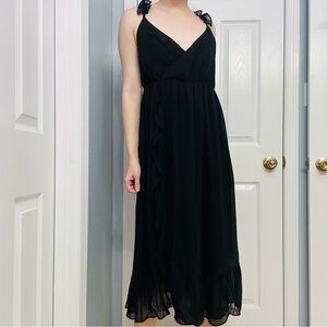Madewell Dress Midi Black Ruffle V-Neck Whimsigoth Cocktail 8 Petite Medium